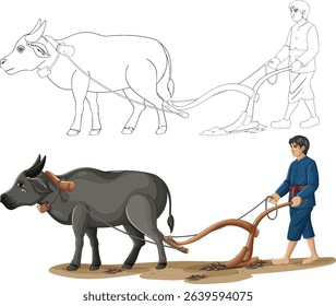 Illustration of a farmer plowing with a water buffalo. Combines line art and full color, highlighting traditional agriculture
