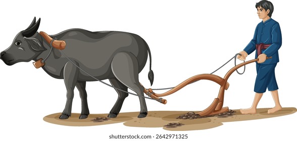 Illustration of a farmer plowing with a water buffalo, showcasing traditional agriculture techniques in a rural setting