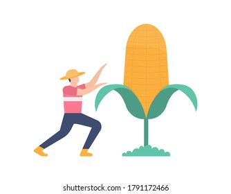 illustration of a farmer presenting a large corn. the concept of corn with the best quality. farmers in the cornfield. flat design. can be used for elements, landing pages, UI, web sites