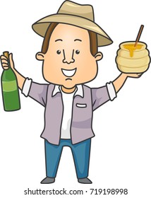 Illustration of a Farmer Proudly Presenting a Bottle of Wine and a Jar of Honey