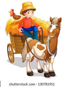 Illustration of a farmer riding a cart with a chicken at his back on a white background