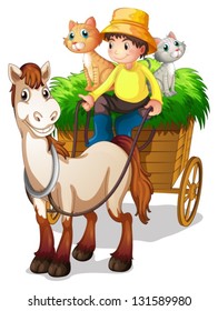 Illustration of a farmer riding in a strawcart with his farm animals on a white background