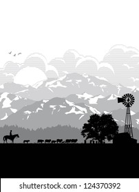 Illustration of farmer with sheep in the field, vector