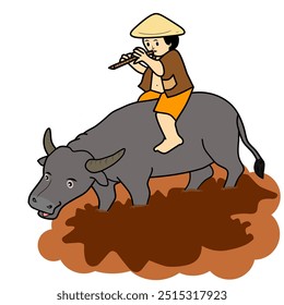 Illustration of a farmer sitting on a water buffalo playing a flute, depicting traditional rural life and harmony with nature.