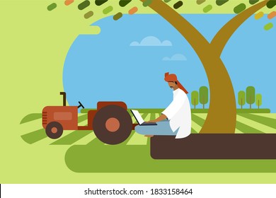 Illustration of a farmer sitting under a tree looking at his laptop in the agricultural field