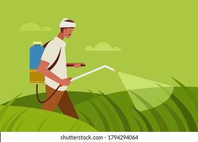 Illustration of a farmer spraying pesticide in agricultural field