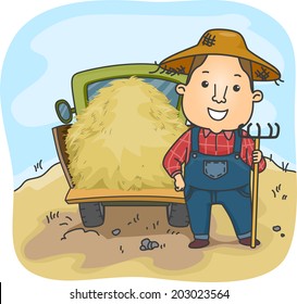 Illustration of a Farmer Standing Beside a Truckload of Hay