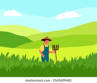 Illustration of a farmer standing in a lush green field holding a pitchfork, with rolling hills and a clear blue sky in the background. Perfect for agricultural or rural-themed designs