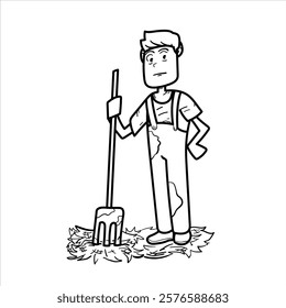 illustration of a farmer sticking a fork into straw, cartoon, black and white, good for children's coloring teaching materials, your visual element material, vector format