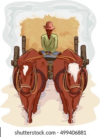 Illustration of a Farmer in a Straw Hat Transporting Hay with the Help of a Traditional Cart Pulled by a Pair of Horses