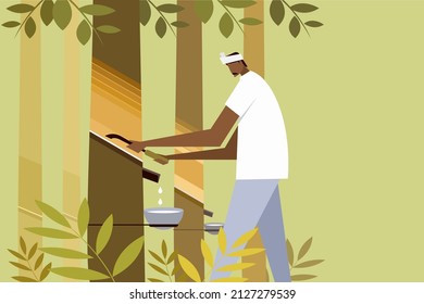 Illustration of a farmer tapping the latex  from the rubber tree 