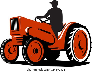 Illustration of a farmer tractor driving vintage tractor on isolated background done in retro style