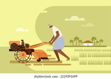 Illustration of farmer using power tiller machine to plough the paddy field