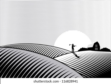 Illustration of a Farmer walking at sunset in woodcut style