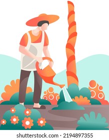 The illustration of the farmer watering the plant in the garden