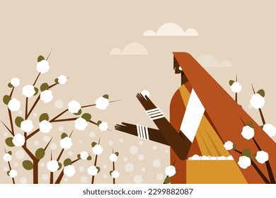 Illustration of a farmer woman plucking cotton from the farm