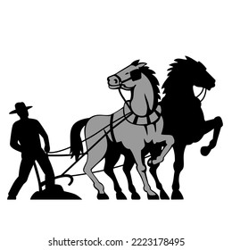 Illustration of a farmer and work horse with plow or plough plowing field viewed from front on low angle on isolated background done in retro woodcut style.