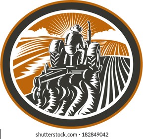 Illustration of a farmer worker driving a vintage tractor plowing farm field set inside oval shape done in retro woodcut style on isolated background.