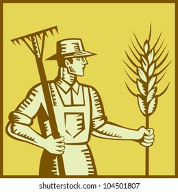 Illustration of a farmer worker holding a rake and wheat set inside square done in retro woodcut style.