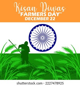 Illustration of a farmer working in a green field with bold text on an Indian flag background to commemorate Kisan Diwas or farmers day on December 23 in India