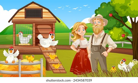 Illustration of farmers and chickens in a rural setting