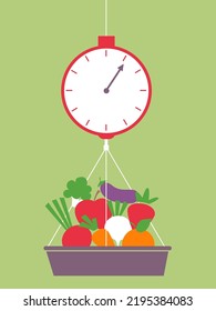 Illustration of Farmers Market Weighing Scale with Vegetables and Fruits Produce