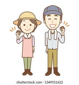 Illustration of farmers men and women.
They are pushing their fists up.