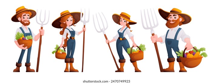 Ilustración de granjeros con overol y sombrero, sosteniendo horcas y cestas de verduras frescas, que representan la agricultura y la agricultura.