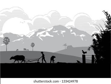 Illustration of farmers are plowing with buffalo and  planting rice in the farm at sunset, vector