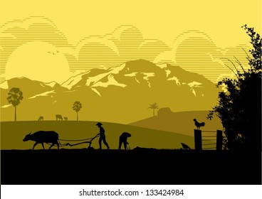 Illustration of farmers are plowing with buffalo and  planting rice in the farm at sunset, vector