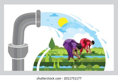 Ilustración de los agricultores bombeando agua en el campo 