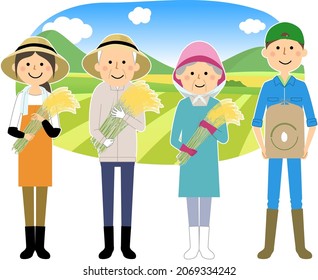 It is an illustration of farmers who harvest rice.