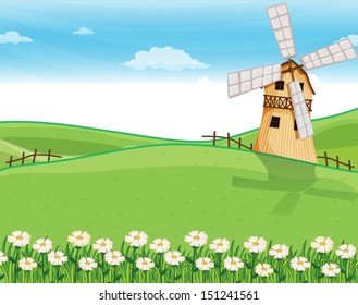 Illustration of a farmhouse above the hills with a windmill