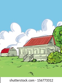Illustration of farmhouse in a green with a barn