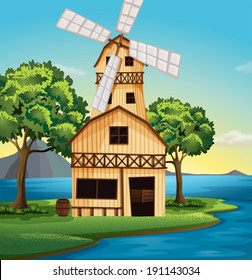 Illustration of a farmhouse with a windmill
