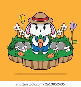 The illustration of a farming rabbit is holding carrot in garden