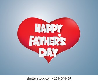 Illustration of farther's day with text  on red heart background,paper craft style