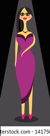 Illustration of a fashion model posing in an elegant purple dress.