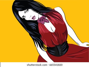 Illustration of a fashion model posing in an elegant red dress.