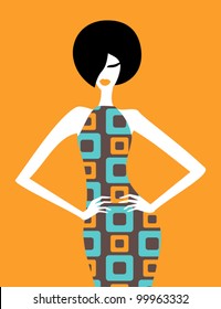 Illustration of a fashion model posing in an elegant retro dress.