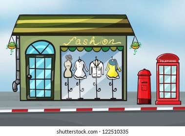 Illustration of a fashion store and a callbox near the street