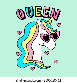 ILUSTRACIÓN DE UN UNICORN DE MODA CON VIDRIO Y PELO COLORIDO, VECTOR DE IMPRESIÓN DE LEMA