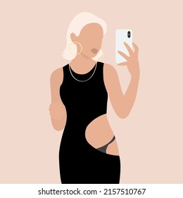 Illustration of a fashionable blonde girl with a phone on a pink background