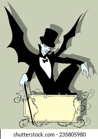 Illustration of a fashionable cool vampire in black with a stick in his hand and bat wings behind his back