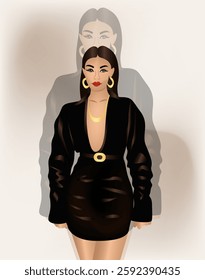 Illustration of fashionable diva girl on light gray background.