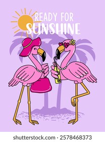 ILLUSTRATION FASHIONABLE FLAMINGO FRIENDS ON THE BEACH