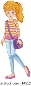 Ilustração de uma menina na moda com um saco de lingbag roxo em um fundo branco