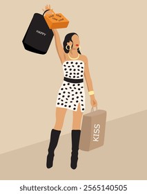 Illustration of fashionable girl with shopping on brown background.