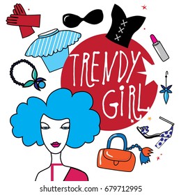 Illustration fashionable girls with fashionable accessories. Sale seasons. Fashion Sale banner template. Vector illustration. Eps 10.