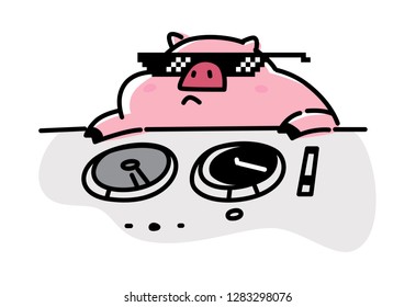 Illustration of a fashionable pig in pixel glasses. Vector. Flat style. Pig DJ, meme. Character for animation. Comic web postcard.